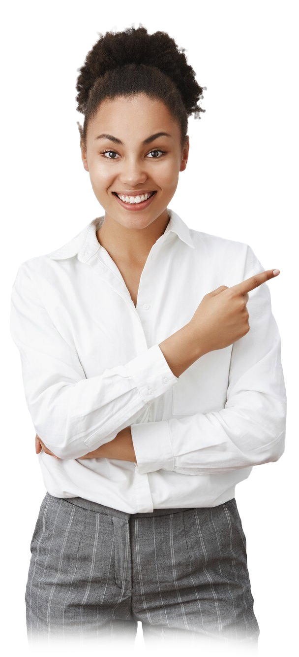 sassy-african-american-businesswoman-showing-way-pointing-upper-right-corner